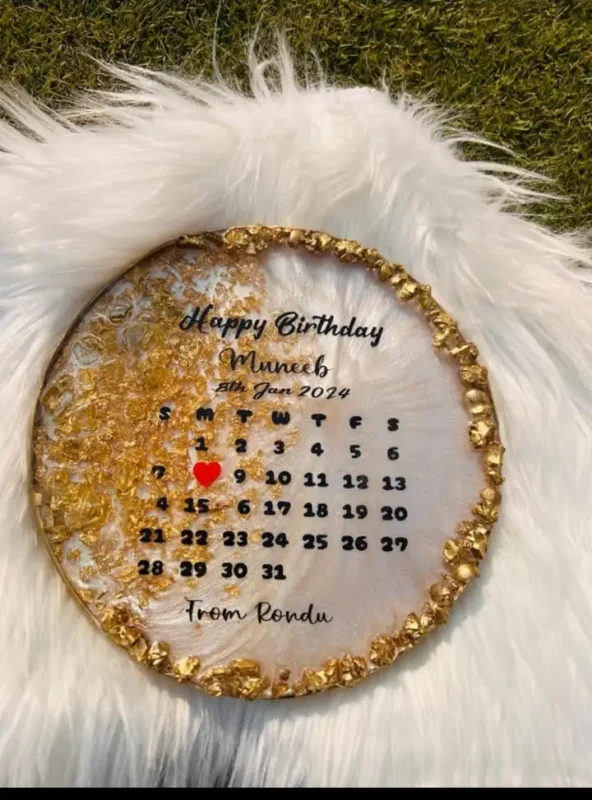 Custom 7.6-inch birthday plaque featuring golden accents, personalized calendar, and heart-shaped marking for a special date. Perfect keepsake gift for birthdays and anniversaries.