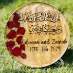 7.2-inch personalized resin wedding plate with Arabic calligraphy and rose petals.